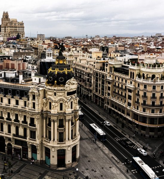 Panoramic aerial view of Gran Via, main shopping street in Madrid, capital of Spain, Europe